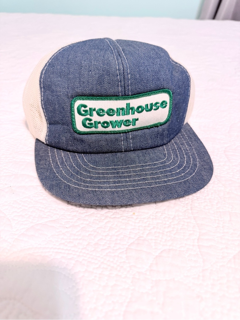 Vintage Greenhouse Grower Patch Trucker Mesh SnapBack Denim Hat Cap Farmer 80s